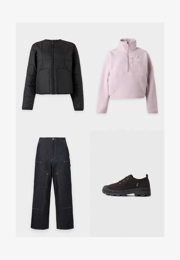 Veste matelassée noire avec manches longues, fermeture éclair à l'avant, deux grandes poches avant et col rond sur fond blanc.; Pull en polaire violet clair avec manches longues, col montant, fermeture éclair quart et poche poitrine avec le logo The North Face.; Pantalon en jean bleu foncé à jambes larges avec plusieurs poches avant, coutures contrastées orange et fermeture à bouton à la taille.; Baskets noires en toile avec un bout rond, semelle en caoutchouc et système de laçage ; elles présentent une finition texturée et un petit logo sur le côté.