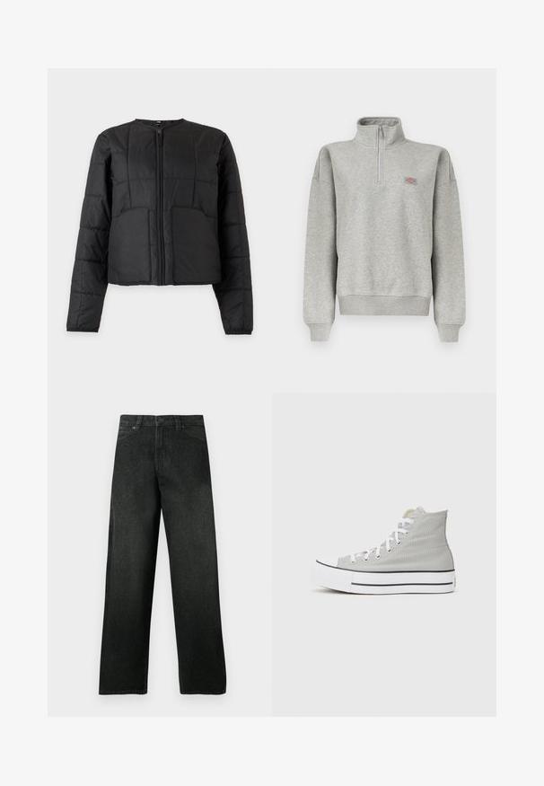 Sort quiltet jakke med lange ærmer, lynlås foran, to store forlommer og rund halsudskæring på hvid baggrund.; Lysegrå sweatshirt med kvart-lynlås, ribkant ved ærmer og kant, med en lille flerfarvet logopatch på venstre bryst.; Sorte denimjeans med lige ben, forlommer og bæltestropper, knap- og lynlåslukning, vist på en ensfarvet baggrund.; Høj-top sneakers i lys grå canvas, med hvide snørebånd, en hvid gummisål og en sort stribe langs bunden.