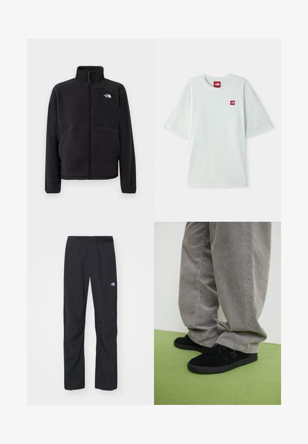 Chaqueta de vellón negra con cremallera frontal completa, cuello alto y bolsillo en el pecho con cremallera que lleva el logo de The North Face sobre un fondo liso.; Camiseta de manga corta verde claro hecha de algodón suave, con una pequeña etiqueta de logo rojo en el área del pecho izquierdo. Corte relajado y escote redondo.; The North Face ABUKUMA PANT - Pantalones - black; Zapatillas de skate de ante negro con un acabado texturizado y un logo, combinadas con pantalones de pana gris con una textura acanalada. Superficie del suelo en verde.
