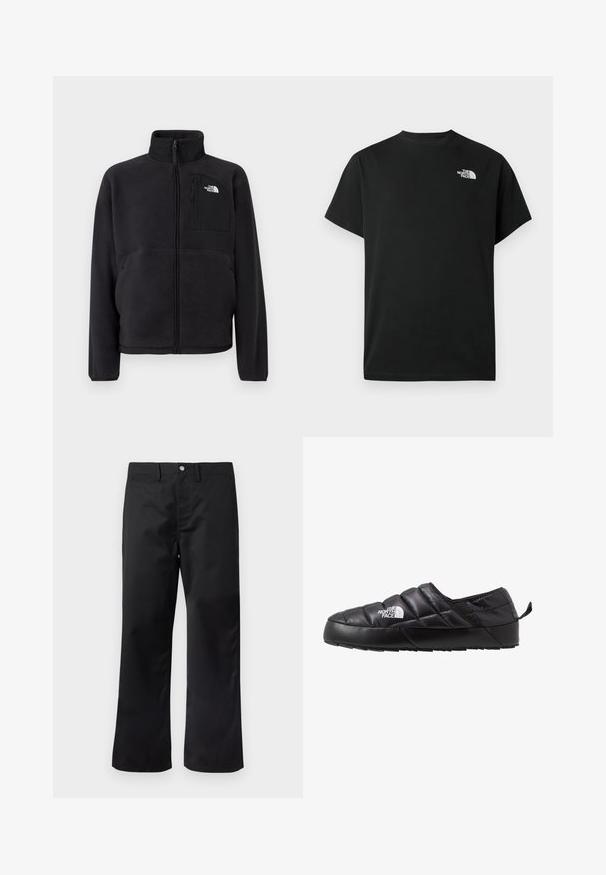 Schwarze Fleecejacke mit durchgehendem Frontreißverschluss, hohem Kragen und Reißverschlusstasche auf der Brust, der The North Face Logo auf unifarbenem Hintergrund zeigt.; Schwarzes kurzärmliges T-Shirt aus Baumwolle. Mit einem weißen Logo auf der linken Brust. Einfacher Schnitt mit rundem Ausschnitt und minimalen Designdetails.; Schwarze Hose mit geradem Bein und glattem Stoff. Verfügt über Seitentaschen und einen Knopfverschluss am Bund.; Schwarzer Slipper mit gestepptem Design, aus gepolstertem Material gefertigt. Verfügt über eine strukturierten Gummisohle und eine kleine Lasche hinten.