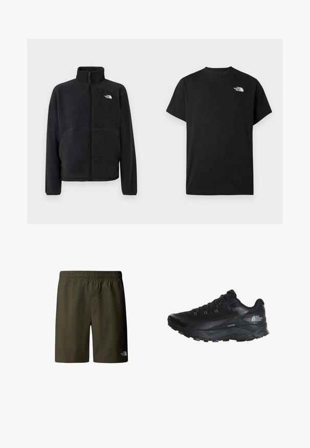 Zwarte fleecetrui met volledige voorrits, hoge kraag en borstzak met ritssluiting met het The North Face-logo op een effen achtergrond.; Zwart t-shirt met korte mouwen gemaakt van katoen. Voorzien van een wit logo op de linkerborst. Eenvoudige snit met een ronde halslijn en minimale ontwerpdetails.; Olivengroene cargo shorts met een elastische tailleband en trekkoord, met een klein logo aan de onderzijde rechts. Glad, lichtgewicht stof.; Zwarte sportieve schoen met een ademende mesh bovenkant, rubberen zool, gestructureerde accenten en een versterkte neuscap voor duurzaamheid.