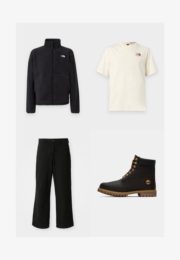 Veste polaire noire avec fermeture éclair intégrale à l'avant, col montant et poche poitrine zippée arborant le logo The North Face sur un fond uni.; T-shirt manches courtes blanc cassé avec logo bordeaux « The North Face » sur la poitrine gauche, col rond, design simple.; Pantalons noirs à large jambe en tissu doux, dotés de poches avant et d'une fermeture à bouton à la taille. Design minimaliste sans motifs visibles.; Bottine noire en cuir avec œillets dorés, accents marron et semelle en caoutchouc. Comprend un col rembourré et un logo estampé sur le côté.