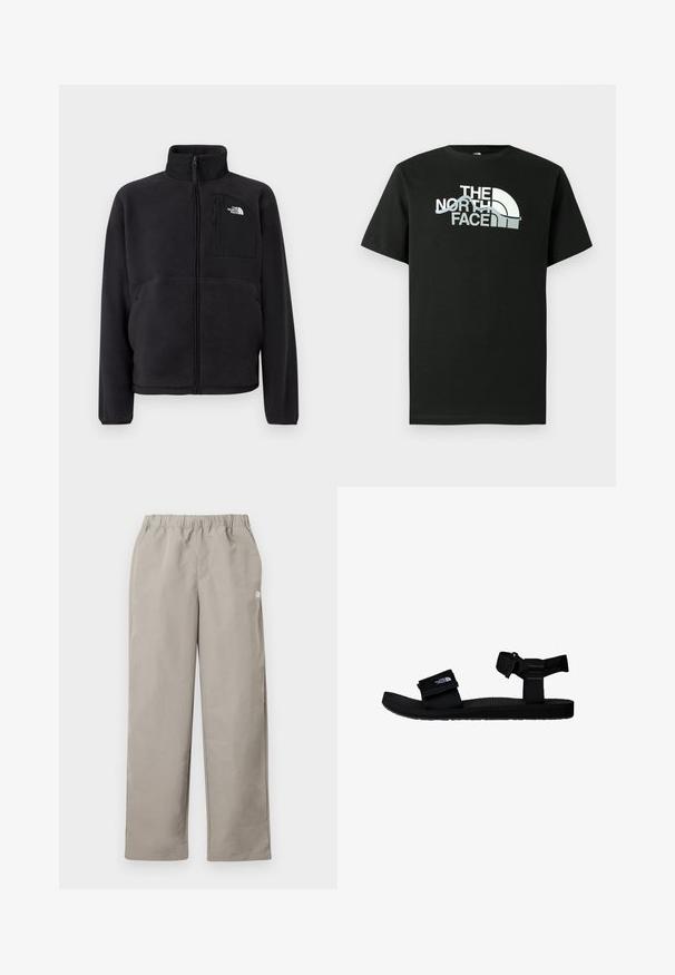 Sort fleecetrøje med fuld lynlås foran, høj krave og lynlåslomme på brystet med The North Face-logo på ensfarvet baggrund.; Sort T-shirt lavet af bomuld med et trykt logodesign i hvid og grå, korte ærmer og rund hals.; Beige bukser med lige ben, elastisk talje og en lille hvid logo på højre sidesøm.; Sorte sandaler med justerbare stofremme, tekstureret gummisål og et logo-patch. Designet til komfort og udendørs brug.