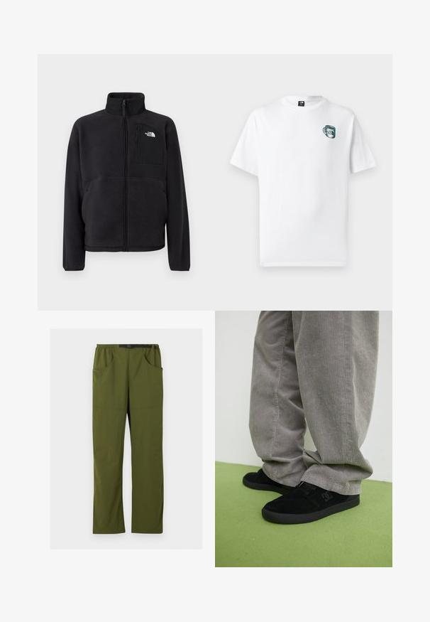Sort fleecetrøje med fuld lynlås foran, høj krave og lynlåslomme på brystet med The North Face-logo på ensfarvet baggrund.; Hvid T-shirt med korte ærmer med lille grønt kopgrafik og "The North Face" logo på venstre bryst.; Olivengrønne bukser med lige ben, elastisk talje og sort justerbart spændebælte, forlommer og sidelommer, detaljer med søm foran.; Sorte ruskind skate sko med en struktureret finish og et logo, parret med grå cordurypants med en ribbet tekstur. Grøn gulvoverflade.