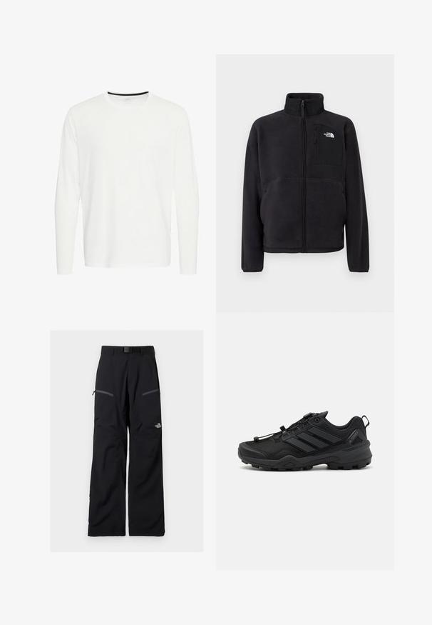 Čierna fleecová bunda s celopredným zipsom, vysokým golierom a zipovou náprsní kapsou s logom The North Face na jednotnom pozadí.; Biela košeľa s dlhým rukávom z bavlny, okrúhly výstrih a čierny detail na golieri. Hladká textúra, rovný lem, bez vzorov alebo ozdôb.; Čierne outdoorové nohavice s nastaviteľným opaskom, dvoma vreckami na zips na stehnách a logom The North Face na pravej nohe.; Čierna športová obuv s textúrovaným sieťovaným zvrškom, kontrastnými syntetickými akcentmi a robustnou gumovou podrážkou. Obsahuje bezpečný systém šnurovania a zadný pútko.
