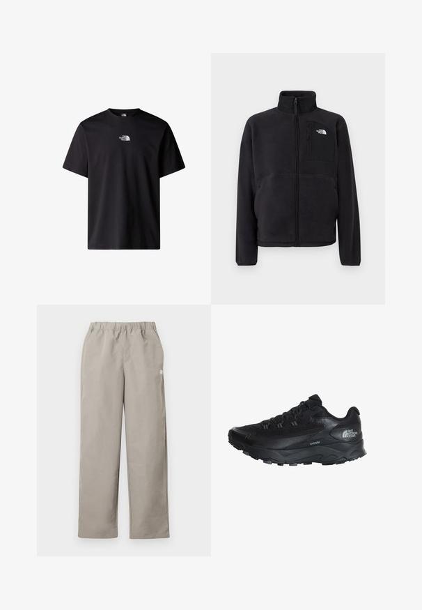 Čierna fleecová bunda s celopredným zipsom, vysokým golierom a zipovou náprsní kapsou s logom The North Face na jednotnom pozadí.; Čierne bavlnené tričko s krátkymi rukávmi a okrúhlym výstrihom. Na prednej strane sa nachádza malé biele logo "The North Face."; Béžové nohavice s rovnými nohavicami, pružným pásom a malým bielym logom na pravom bočnom šve.; Čierne športové topánky s priedušným sieťovaným vrchom, gumovou podrážkou, textúrovanými akcentmi a zosilnenou špičkou pre odolnosť.