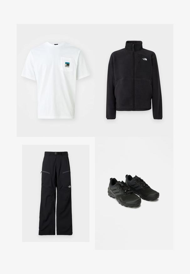 Chaqueta de vellón negra con cremallera frontal completa, cuello alto y bolsillo en el pecho con cremallera que lleva el logo de The North Face sobre un fondo liso.; Camiseta de algodón blanca de manga corta, que presenta un bolsillo en el pecho con un gráfico a color de montañas y el texto "THE NORTH FACE."; Pantalones exteriores negros con cinturón ajustable, dos bolsillos en los muslos con cremallera y el logotipo de The North Face en la pierna derecha.; Zapatillas deportivas negras con parte superior texturizada, suela de goma duradera y sutiles acentos reflectantes; cuentan con un sistema de cordones para un ajuste seguro.
