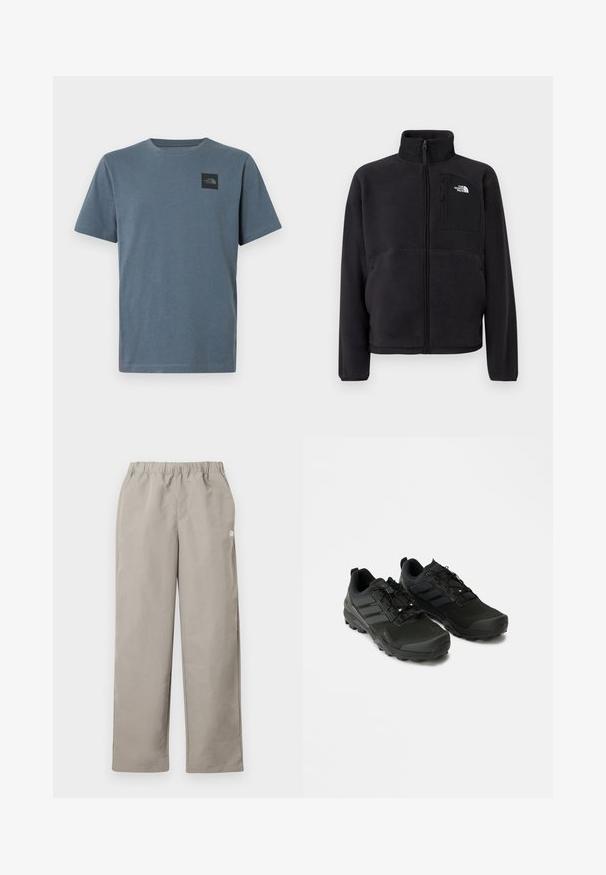 Veste polaire noire avec fermeture éclair intégrale à l'avant, col montant et poche poitrine zippée arborant le logo The North Face sur un fond uni.; T-shirt homme à manches courtes en coton bleu doux, avec un patch logo noir sur la poitrine gauche et un col rond.; Pantalon beige à jambe droite avec une ceinture élastique et un petit logo blanc sur la couture latérale droite.; Baskets noires avec une tige texturée, une semelle en caoutchouc durable et des accents réfléchissants subtils ; dotées d'un système de laçage pour un maintien sécurisé.