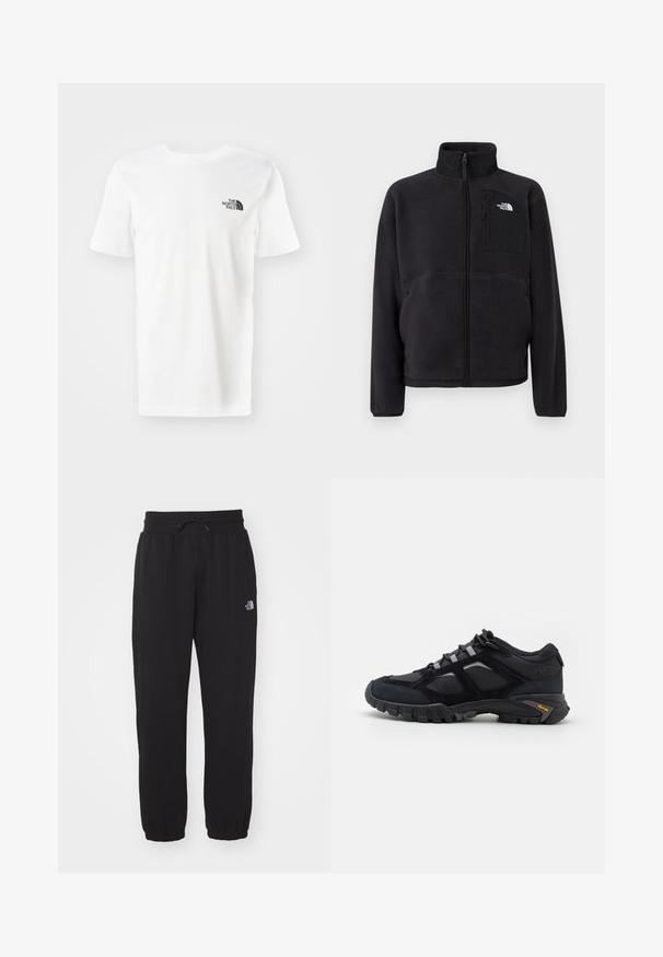 Sort fleecetrøje med fuld lynlås foran, høj krave og lynlåslomme på brystet med The North Face-logo på ensfarvet baggrund.; Hvid kortærmet t-shirt lavet af bomuld. Har et lille sort logo på venstre bryst. Lige kant og rund halsudskæring.; Sorte sweatpants lavet af blødt stof, med en elastisk talje med snor, manchetter ved anklerne og et lille logo på det øverste lår.; Sort udendørs sko lavet af ruskind og mesh med en robust sål. Har grå accenter og Vibram-branding på siden. Snøredesign.