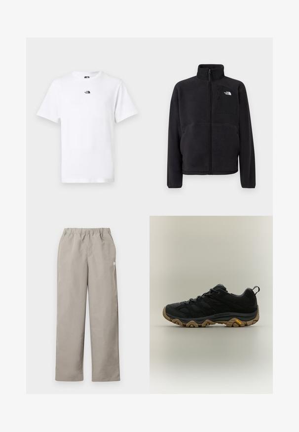 Black fleece jacket with full front zipper, high collar, and zippered chest pocket featuring The North Face logo on plain background.; White short-sleeve crewneck t-shirt with small black The North Face logo centered near the collar on the front.; Beige straight-leg pants with an elastic waistband and a small white logo on the right side seam.; Black hiking shoe with brown textured Vibram sole and pull tab on heel, shown in side profile on neutral background.