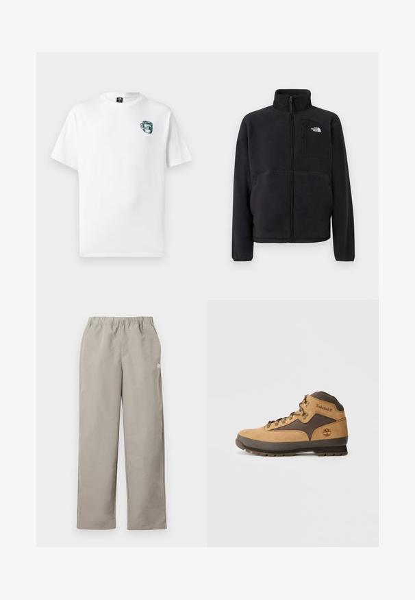 Black fleece jacket with full front zipper, high collar, and zippered chest pocket featuring The North Face logo on plain background.; White short-sleeve T-shirt with small green cup graphic and "The North Face" logo on the left chest.; Beige straight-leg pants with an elastic waistband and a small white logo on the right side seam.; Brown suede hiking boot with dark brown accents, metal eyelets, and grip sole. Timberland logo embossed on the side. Mid-top design.