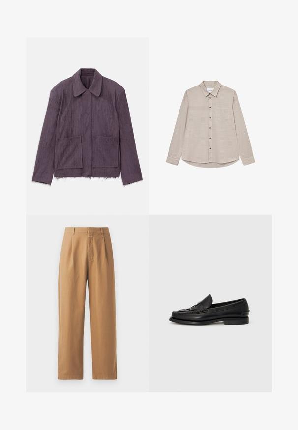 Lilla tekstureret jakke med krave, to forlommer og frynset bund. Fremstillet af et let materiale med et subtilt stribet mønster.; Brun og beige ternet langærmet skjorte med button-down krave, brystlomme og brune knapper, der har en buet kanten.; Brune, brede bukser lavet af glat stof. Har høj talje med folder, bæltestropper og en enkelt frontlomme.; Sorte læderloafer med et vævet detaljer hen over fronten, rund tå og en lav hæl. Glat tekstur og minimalistisk design.