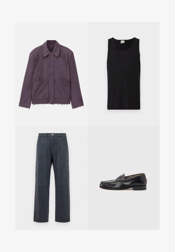 Veste texturée violette avec un col, deux poches avant et un ourlet effiloché. Fabriquée en matériau léger avec un motif rayé subtil.; Débardeur noir sans manches en matériau texturé. Doté d'un col rond et d'un accent logo discret près de l'ourlet. Design simple.; Jean gris foncé à coupe large, avec des patchs décoratifs à l'avant présentant un motif floral discret et des détails de poches standards.; Mocassins en cuir noir avec un design de style mocassin, présentant une bande décorative et un détail de couture sur le dessus. Talon bloc bas.
