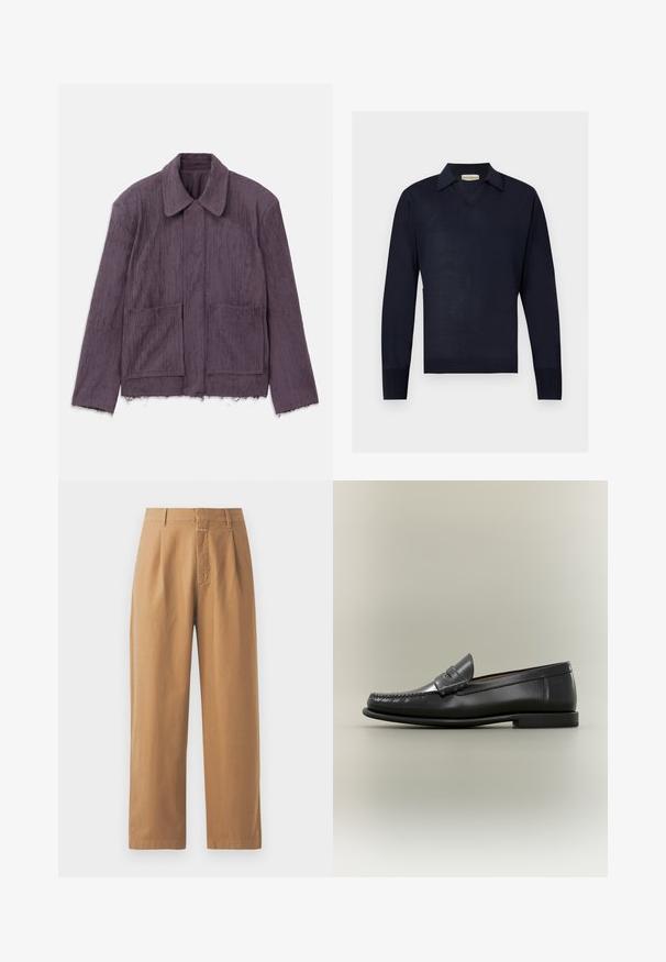 Lilla tekstureret jakke med krave, to forlommer og frynset bund. Fremstillet af et let materiale med et subtilt stribet mønster.; Marineblå langærmet sweater med V-hals og ribstrikkede ærmegab, vist på en flad lysegrå baggrund.; Brune, brede bukser lavet af glat stof. Har høj talje med folder, bæltestropper og en enkelt frontlomme.; Sort læder herresko med moc-toe-design, penny-rem og lav hæl på en neutral baggrund.