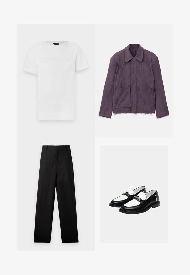 Veste texturée violette avec un col, deux poches avant et un ourlet effiloché. Fabriquée en matériau léger avec un motif rayé subtil.; T-shirt en coton blanc avec un col rond et des manches courtes, présentant un logo "DONDUP" ton sur ton subtil imprimé sur le devant.; Pantalons noirs en coton avec une coupe droite, dotés d'une fermeture à bouton à l'avant et de poches latérales. Texture lisse, sans motifs.; Paire de mocassins en cuir noir et blanc avec un détail de chaîne dorée sur le dessus, sur un fond clair uni.