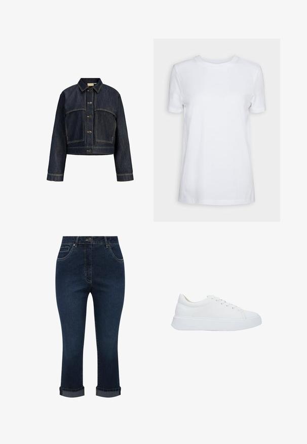 Donkerblauwe cropped spijkerjas met lange mouwen, knoopsluiting aan de voorkant en contrasterende stikseldetails.; Effen wit T-shirt met korte mouwen en ronde hals, normale pasvorm en een klein label aan de binnenkant van de hals met de tekst "SELECTED FEMME."; Donkerblauwe denim cropped jeans met voorzakken, knoopsluiting en opgerolde zomen.; Witte leren sneakers met een ronde neus, platte veters en een dikke rubberen zool. Gladde textuur met minimale stikseldetails.