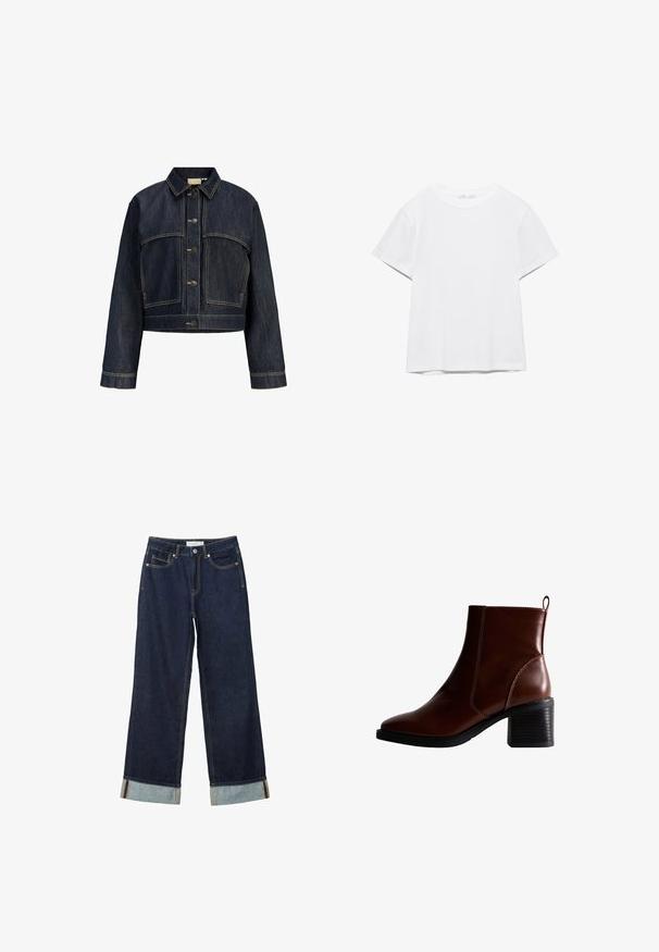 Mørkeblå cropped denimjakke med lange ærmer, lukning med knapper foran og kontrastsyninger.; Hvid, kortærmet T-shirt med rund hals og lige kant, vist på en hvid baggrund.; Mørkeblå vide jeans med højt talje, med opfoldede vamsser, kontrastsyning og fem-lommers design. Lavet af denim stof.; Brun læder ankelstøvle med firkantet tå og sidesøm, en 7,5 cm stablet hæl og en trækflap bagpå for nem påtagning.