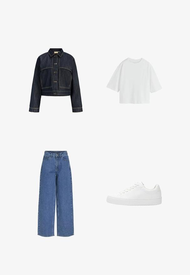 Mørkeblå cropped denimjakke med lange ærmer, lukning med knapper foran og kontrastsyninger.; Simpel hvid oversized T-shirt med korte ærmer, rund hals og løs pasform.; Bredde ben blå jeans med høj talje, lavet af denimstof. Egenskaber inkluderer frontlommer og knaplukning. Klassisk afslappet design.; Hvide snørresko med glat læderoverdel, rund tå og flad gummisål. Minimalistisk design med ensfarvet skema.