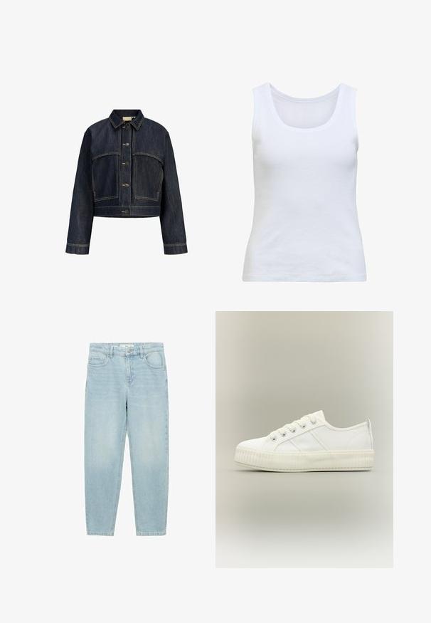 Donkerblauwe cropped spijkerjas met lange mouwen, knoopsluiting aan de voorkant en contrasterende stikseldetails.; Witte geribbelde mouwloze tanktop met een ronde halslijn en een aansluitend silhouet.; Lichtblauwe denim jeans met een recht model, vijf-pocket ontwerp, knopen sluiting aan de voorkant en een licht vervaagde textuur.; Witte lage sneaker met dikke geribde zool, veters aan de voorkant en trek-lus aan de hiel tegen een neutrale achtergrond.