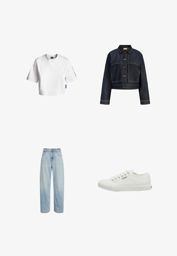 Mørkeblå cropped denimjakke med lange ærmer, lukning med knapper foran og kontrastsyninger.; Hvid cropped T-shirt lavet af bomuld, med korte ærmer, en rund hals og et blåt mærke på siden. Tekst på ærmet i rød.; Lys blå jeans med højtaljet lige ben, fem lommer og knaplukning, vist mod en hvid baggrund.; Hvid kanvas sneakers med rund tå, seks snørrehuller, teksturerede sidepaneler og gummisål. Lille mærkelogo på siden.