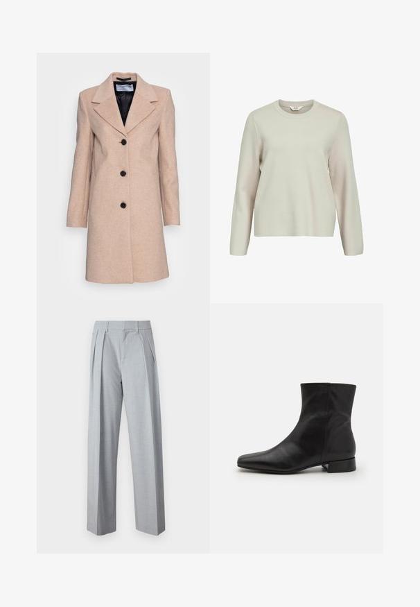 Selected SLFNEW SASJA COAT - Krátky kabát - beige; Svetlý béžový sveter s dlhým rukávom a okrúhlym výstrihom. Vyrobený z texturovanej pleteniny, s mierne spustenými ramenami a uvoľneným strihom.; Good American SUITING GOOD 90S PLEATED - Nohavice - grey; Čierna kožená členková čižma s špicatou špičkou, hladkou textúrou, minimalistickým dizajnom a nízkym blokovým podpätkom. Bočný zips zasahuje až k členku.