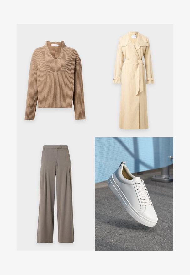 Long trench beige avec larges revers, boutons croisés, ceinture à la taille et brides aux poignets sur fond uni.; Pull en tricot côtelé beige avec un décolleté en V profond, des manches longues et un panneau texturé au niveau de la poitrine. Longueur cropped avec une coupe décontractée.; Pantalons à jambe large en tissu marron clair, dotés de plis, d'un devant plat et d'un ourlet net. Texture lisse avec un léger éclat.; Baskets blanches en cuir avec des lacets plats, bout rond, semelle en caoutchouc et une petite languette au talon. Texture lisse avec des détails de design minimalistes.