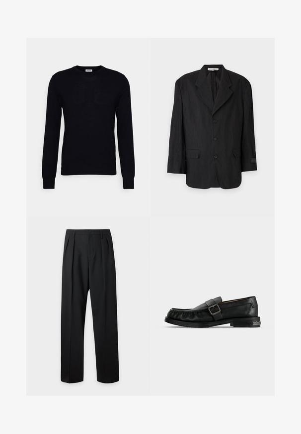 Blazer negro de tela texturizada, con solapa en muesca, seis botones y dos bolsillos. La manga izquierda tiene un detalle de etiqueta.; Suéter negro de manga larga hecho de un suave material de punto. Escote redondo, puños y dobladillo acanalados. Diseño minimalista sin patrones ni botones visibles.; Pantalones negros de talle alto y corte sastre, con presillas para cinturón, pliegues delanteros, cierre de botones y piernas anchas y rectas sobre un fondo claro.; Mocasín negro de cuero con una correa de hebilla, detalles cosidos alrededor de la puntera y un tacón bajo con un detalle metálico.