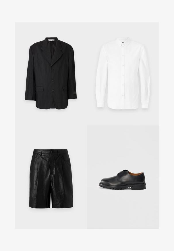 Blazer noir en tissu texturé, avec un revers cranté, six boutons et deux poches. La manche gauche présente un détail de label.; Chemise blanche à manches longues en coton, dotée d'un col boutonné et de boutons sur le devant. Texture lisse avec une coupe classique et sans motifs.; Shorts en cuir noir à la coupe ajustée, dotés de deux poches avant, d'une fermeture à boutons et d'une texture lisse et brillante.; Chaussure de cuir noire avec un bout arrondi, un design à lacets et une semelle en caoutchouc texturée. Présente des coutures contrastantes et une doublure intérieure marron.