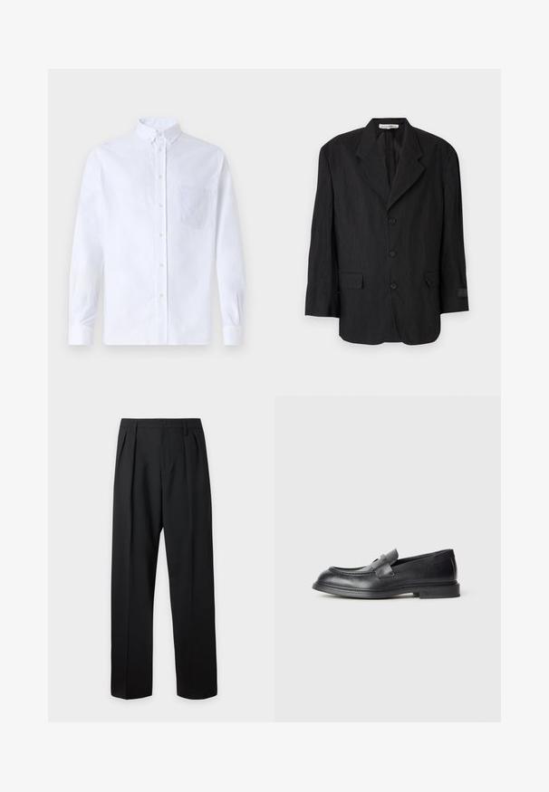 Zwarte blazer van textuurstof, met een notch lapel, zes knopen en twee zakken. De linkermouw heeft een labeldetail.; Witte lange mouwen overhemd van katoen, met een borstzak met tonale borduring, een kraag en knopenmanchetten.; Zwarte formele broek met plooien, riemlussen en een knoopsluiting in de taille, afgebeeld tegen een effen lichte achtergrond.; Zwarte leren loafers met een gestructureerde afwerking, voorzien van een decoratieve voorstrik en een afgeronde neus. Rubberzool voor duurzaamheid.