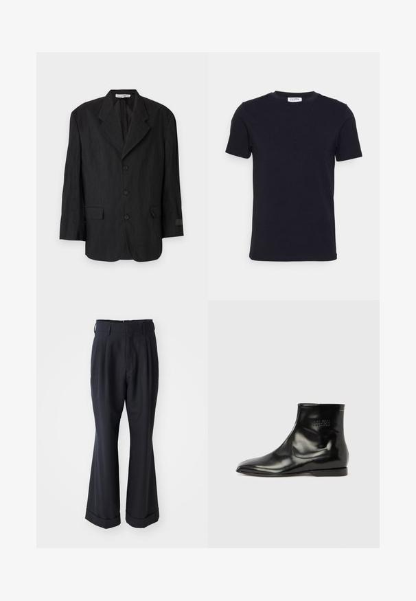 Blazer noir en tissu texturé, avec un revers cranté, six boutons et deux poches. La manche gauche présente un détail de label.; T-shirt noir à manches courtes avec un col ras-du-cou, muni d'une petite étiquette blanche à l'intérieur du col.; Pantalons noirs ajustés avec une coupe décontractée, devant plissé et jambes larges. Caractéristiques d'un ourlet à retournement et d'une texture de tissu lisse.; Bottine noire à la cheville avec une finition en cuir lisse et brillante. Bout pointu, talon bas empilé, design minimaliste et détail de logo embossé sur le côté.