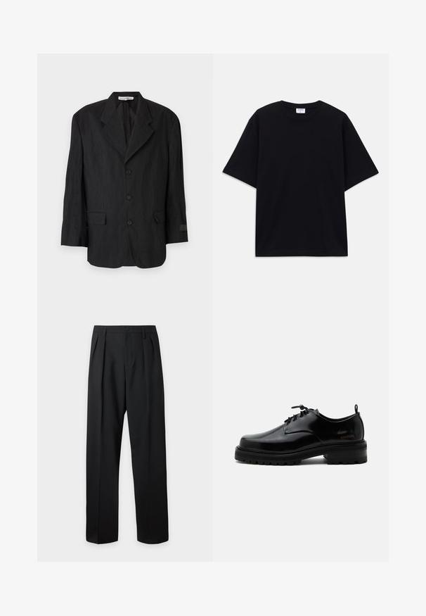 Zwarte blazer van textuurstof, met een notch lapel, zes knopen en twee zakken. De linkermouw heeft een labeldetail.; Zwarte oversized T-shirt met korte mouwen en ronde hals, met zichtbaar Filippa K merkelabel aan de binnenkant van de kraag.; Zwarte, hoog getailleerde, op maat gemaakte broek met riemlussen, voorplooien, knoopsluiting en rechte, wijde pijpen op een lichte achtergrond.; Zwarte gepolijste leren veterschoen met dikke rubberen zool en lage hak, zijmerktekst "SAMSOE" en een achterste aantreklus.