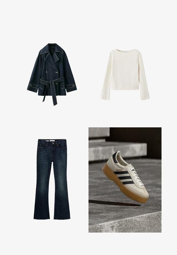 Donkerblauwe denim dubbelgeknoopte jas met brede revers, tailleband, knoopmanchetten en voorzakken.; Off-white trui met lange mouwen, brede ronde halslijn en licht uitlopende mouwen, gemaakt van zachte gebreide stof.; Uitgebreide donkerblauwe spijkerbroek met vervaagde accenten, vijf zakken en een ruwe zoom. Gemaakt van katoen met een knoopsluiting en riemlussen.; Beige suède sneaker met zwarte strepen, witte veters en een zool van gumrubber. Heeft "SPEZIAL" branding aan de zijkant.