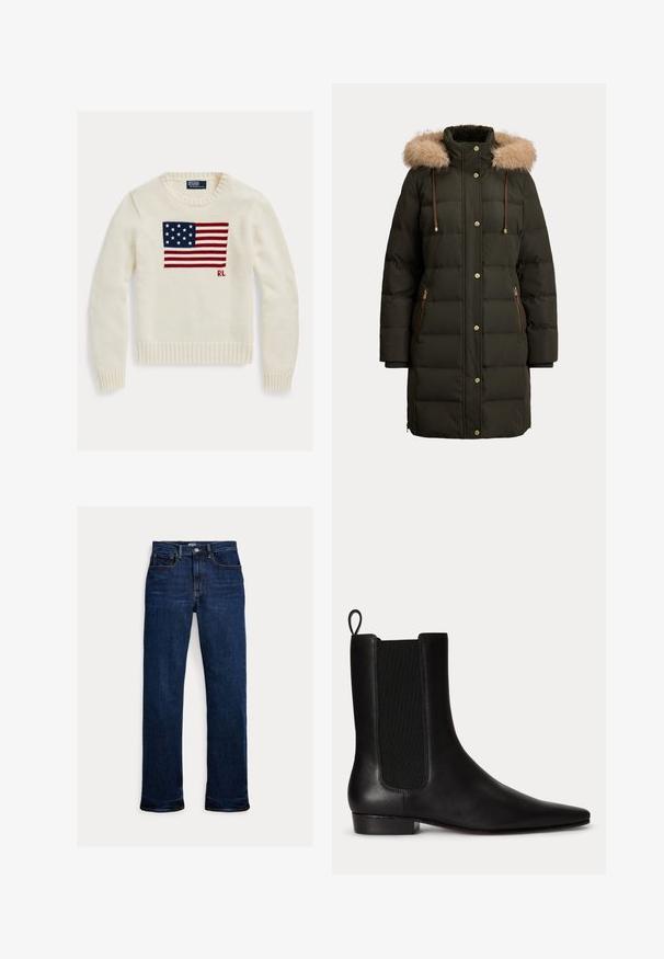 Abrigo largo acolchado de invierno verde oscuro con capucha con borde de piel, cierre de cremallera y botones y bolsillos frontales con cremallera.; Jersey de punto color crema con la bandera americana tejida a lo largo del pecho y pequeñas iniciales "RL" debajo de la bandera en el lado derecho.; Vaqueros de mezclilla azul oscuro de pernera recta con botón y cremallera delanteros, diseño de cinco bolsillos y detalles de costuras visibles.; Botín de cuero negro con panel lateral elástico, tira de sujeción en la parte trasera, tacón bajo y puntera puntiaguda.
