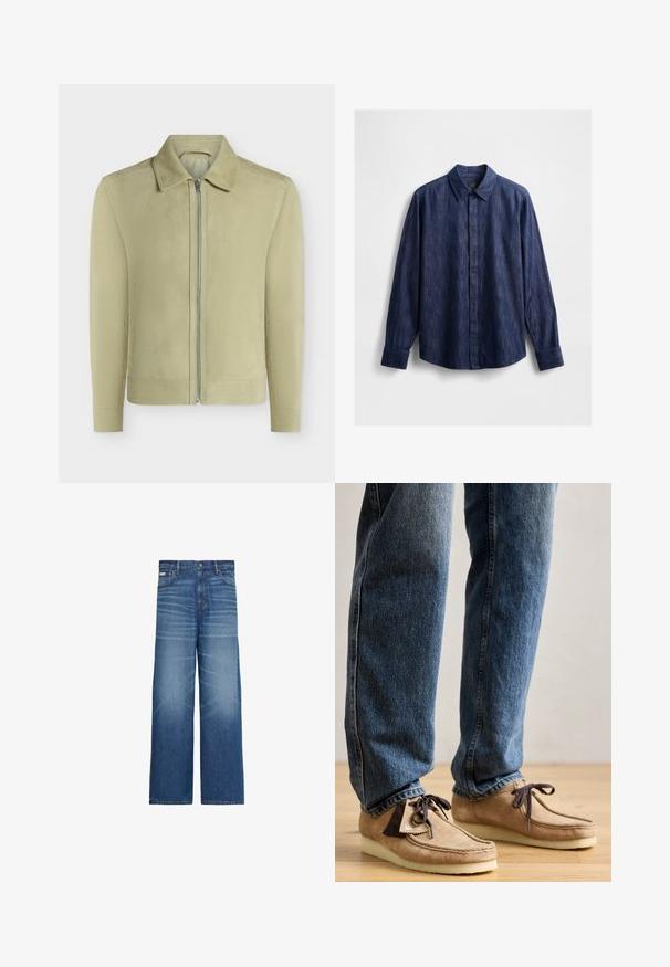 Vaalea beige mokkatakki, jossa on terävä kaulus, pitkät hihat ja edessä vetoketjukiinnitys, esitetty valkoista taustaa vasten. Ei näkyviä logoja.; Tummansininen denim-paita, jossa on klassinen kaulus, pitkät hihat, napillinen etuosan kiinnitys ja hieman teksturoitu kangas. Ei näkyviä kuvioita.; Siniset leveälahkeiset farkut haalistuneilla yksityiskohdilla, viidellä taskulla ja napilliseen vyötärön suljennalla.; Tumma ruskeita mokkasiineja, joissa on vaalea beige väri, pyöreä kärki ja pehmeä valkoinen pohja. Varustettu nauhakiinnityksellä ja ompelutiedoilla.