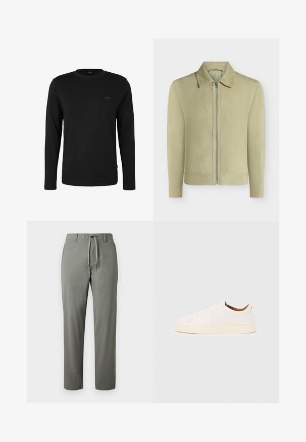 Veste en daim beige clair avec col pointu, manches longues et fermeture zippée sur le devant, présentée sur fond blanc uni. Aucun logo visible.; T-shirt noir à manches longues et col rond avec un petit logo "JOOP! JEANS" sur la poitrine gauche, présenté sur un fond blanc uni.; Pantalon droit pour hommes de couleur vert olive avec taille à cordon et passants pour ceinture, présenté sur un fond uni.; Baskets blanches basses avec un design à lacets, des détails de couture minimalistes, et une semelle couleur crème sur un fond gris clair.