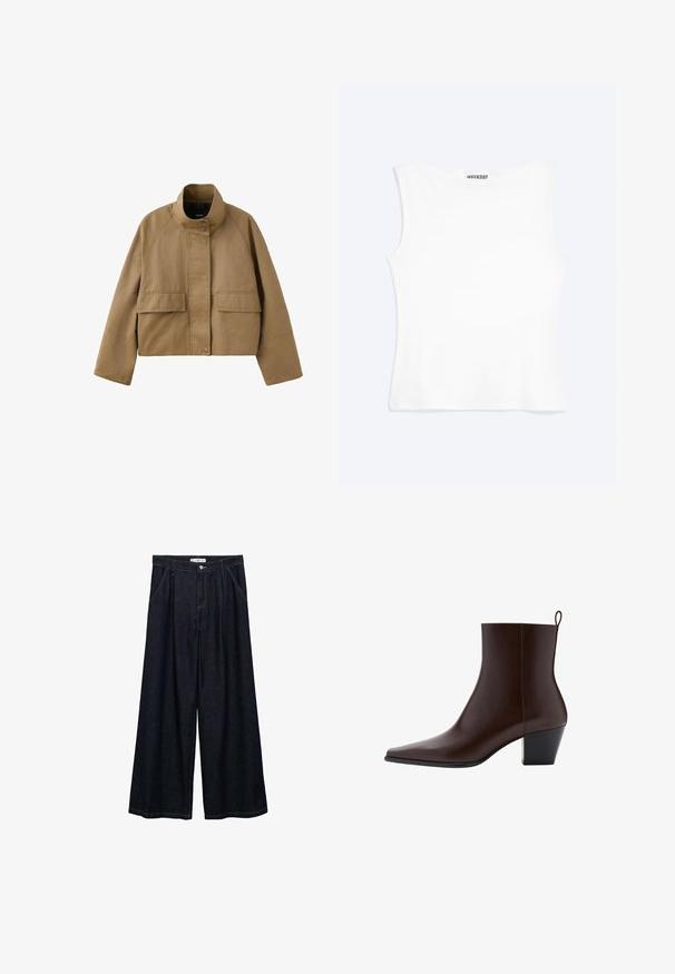 Hellbraune kurze Jacke mit hohem Kragen, vorderen Klappentaschen, langen Ärmeln und Knopfverschluss vor weißem Hintergrund.; Weißes, ärmelloses, figurbetontes Tanktop mit rundem Ausschnitt und minimalistischem Design, innen am Kragen mit der Aufschrift „WEEKDAY“.; Dunkelblaue, weite High-Waist-Hosen aus Denim mit einem Knopfverschluss vorne, zwei Seitentaschen und Nähdetails.; Dunkelbrauner Lederknöchelboot mit spitz zulaufender Zehenpartie, niedrigem Blockabsatz und Zuglasche hinten auf weißem Hintergrund.