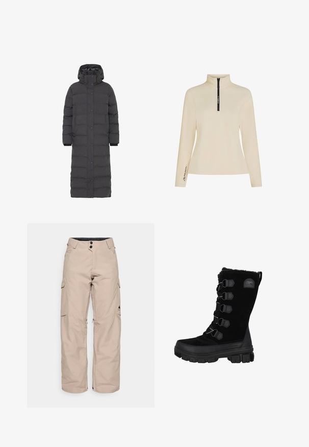 Lang, grå, polstret frakke med hætte, der har en trykknap-lukning foran og ribstrikkede manchetter, designet til varme og dækning.; Beige fleece pullover med høj krave, halv lynlås foran og sort mærket lynlås. Har "Polartec" logo på ærmet. Glat tekstur.; Beige cargo bukser med en afslappet pasform, lavet af vandafvisende stof. Har to sidelommer, en lynlås i kanten og knaplukning.; Sorte vandtætte vinterstøvler med overdel i ruskind, pelskrave og gummisål. Har snørebåndsdesign med hexagonale snørehuller og logo-patch.