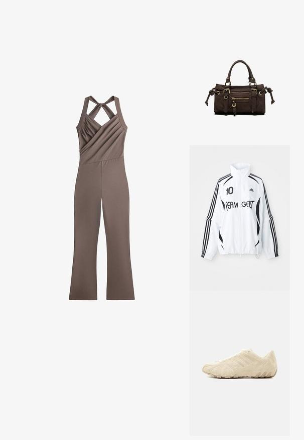 Veste blanche avec accents noirs, dotée d'un col haut, d'un zip à l'avant, du logo Adidas, d'un grand imprimé "10" et du texte "TEAM GEIST". три строчки.; Combinaison marron sans manches avec bretelles croisées, corsage froncé, couture diagonale et pantalon à jambes larges.; Baskets en daim beige à profil bas avec une tige texturée, des détails cousus et une semelle robuste, vues de la face extérieure sur fond blanc.; Sac à main en cuir marron foncé avec double poignée, poche avant zippée, boucles décoratives et nœuds latéraux sur fond blanc.