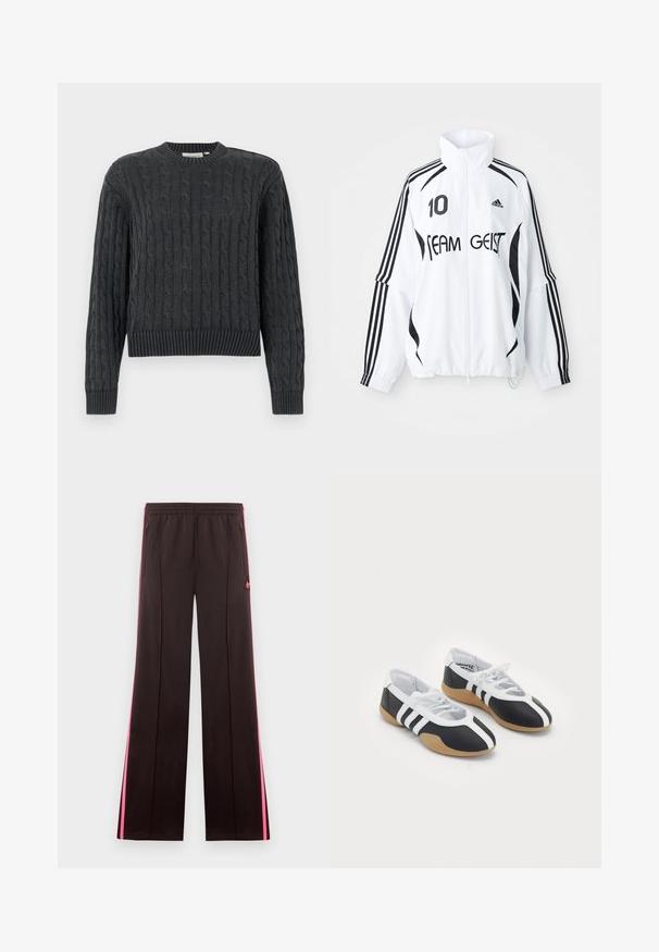 Veste blanche avec accents noirs, dotée d'un col haut, d'un zip à l'avant, du logo Adidas, d'un grand imprimé "10" et du texte "TEAM GEIST". три строчки.; Pull en maille torsadée gris foncé avec manches longues, poignets, ourlet et col rond côtelés, présenté sur un fond uni.; Pantalon de sport noir avec des bandes latérales roses, taille élastique, poches zippées et logo Adidas sur la cuisse gauche.; Baskets de sport noir et blanc au design élégant, semelle en caoutchouc, fermeture à lacets et trois rayures blanches sur les côtés.