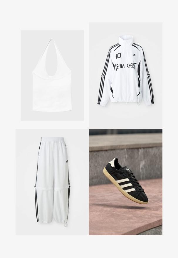 Veste blanche avec accents noirs, dotée d'un col haut, d'un zip à l'avant, du logo Adidas, d'un grand imprimé "10" et du texte "TEAM GEIST". три строчки.; Haut blanc sans manches à encolure américaine, avec un profond col rond et une taille cintrée, présenté sur un fond clair et uni.; Pantalons de sport blancs avec une coupe décontractée, une taille élastique et des rayures noires sur les côtés. Équipés de poches avec fermeture éclair et de poignets élastiques aux chevilles.; Baskets Adidas noires avec des bandes blanches et une semelle beige, capturées en plein air au-dessus d'une surface en pierre et d'un mur en pierre en arrière-plan.