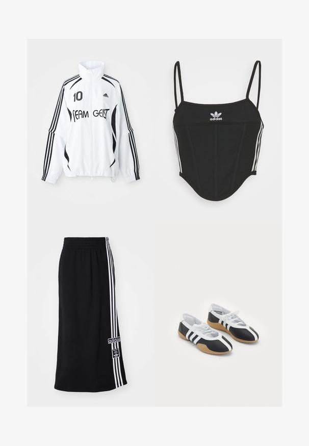 Valge jakk mustade aktsentidega, millel on kõrge krae, luku ees, Adidas'i logo, suur "10" trükk ja "TEAM GEIST" tekst. kolm rida.; Must mustriba top mustaks, reguleeritavate õhukeste kinnitustega, millel on külgedel kolm valget triipu ja keskel väike valge Adidas'i logo.; Mustlane sportseelik elastse vööga, millel on ühe külje peal kolm valget triipu ja Adidas logo sildiga. Sile kangas.; Mustvalged spordijalatsid, millel on sile disain, kummist tald, paeltest kinni tõmmatav sulgur ja kolm valget triipu külgedel.