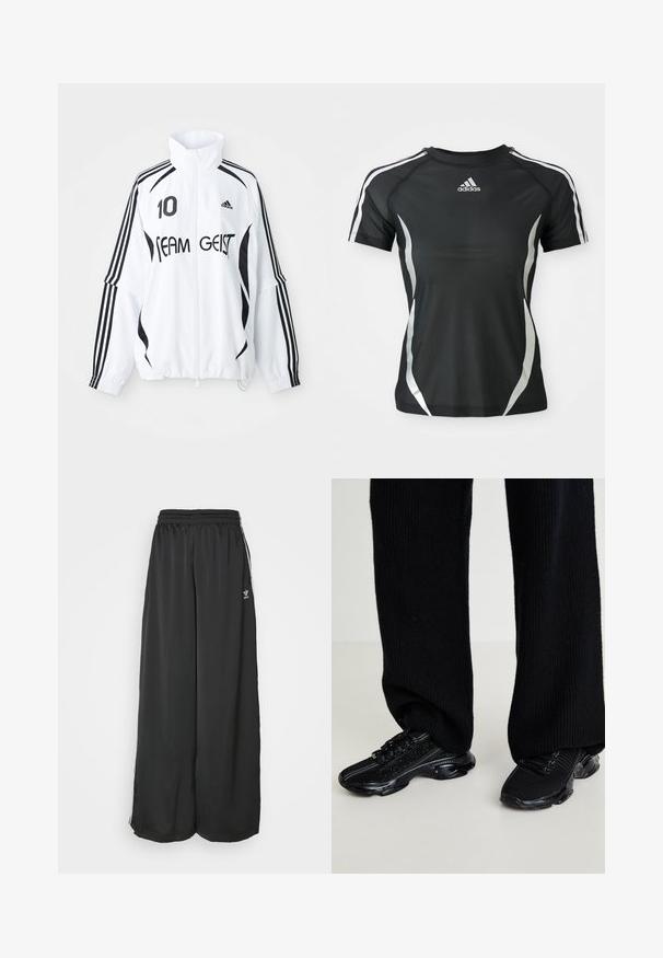 Veste blanche avec accents noirs, dotée d'un col haut, d'un zip à l'avant, du logo Adidas, d'un grand imprimé "10" et du texte "TEAM GEIST". три строчки.; T-shirt de sport à manches courtes noir Adidas avec des rayures blanches sur les épaules et des accents courbés argentés sur les côtés.; Pantalons de jogging noirs amples en tissu lisse. Comprend une taille élastique et des bandes latérales avec des accents de logo.; Baskets noires avec une tige en tricot texturé, forme élégante et semelle noire brillante, présentant des accents réfléchissants subtils et un système de laçage.