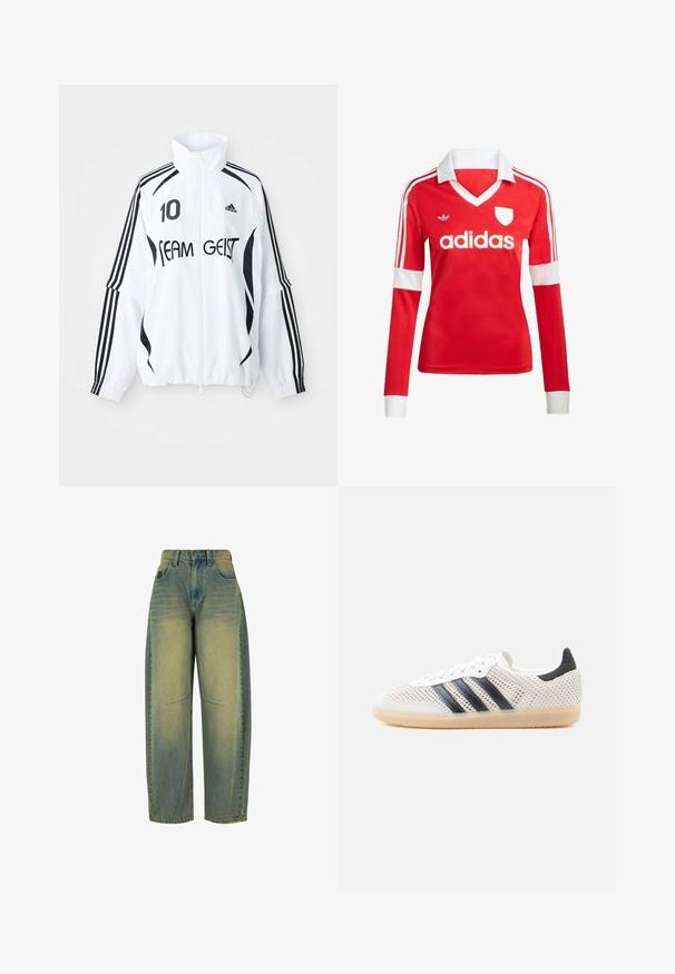 Valge jakk mustade aktsentidega, millel on kõrge krae, luku ees, Adidas'i logo, suur "10" trükk ja "TEAM GEIST" tekst. kolm rida.; Punane pikade varrukatega jalgpallipluus valge krae ja varrukateotstega. Omab kolme valget triipu õlgadel ja väljapaistvat "adidas" logo.; Heledad denim püksid helesinises toonis, millel on kulunud tekstuur. Omab viit taskut ja kõrget vööd. Puhtad hemid ja peened õmbluse detailid.; Valged võrgust tossud mustade kolmerealiste triipudega, ümarate ninade ja kummist kummitaldadega. Omavad pehmet kandakaart ja nööbitavat sulgurit.
