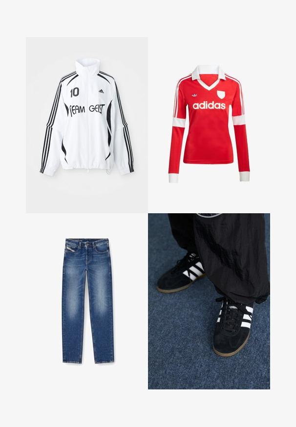 Veste blanche avec accents noirs, dotée d'un col haut, d'un zip à l'avant, du logo Adidas, d'un grand imprimé "10" et du texte "TEAM GEIST". три строчки.; Maillot de football à manches longues rouge avec un col et des poignets blancs. Présente trois rayures blanches sur les épaules et le logo "adidas" affiché en évidence.; Jean en denim bleu moyen avec une finition délavée. Comprend cinq poches, des passants de ceinture et une coupe droite. Les accents de broderie sont visibles.; Des chaussures de sport en suède noir avec trois rayures blanches et des lacets noirs. Un pantalon noir texturé est partiellement visible à côté des chaussures.
