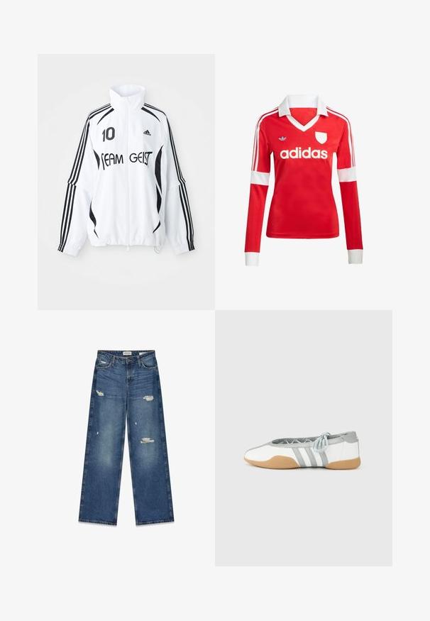 Veste blanche avec accents noirs, dotée d'un col haut, d'un zip à l'avant, du logo Adidas, d'un grand imprimé "10" et du texte "TEAM GEIST". три строчки.; Maillot de football à manches longues rouge avec un col et des poignets blancs. Présente trois rayures blanches sur les épaules et le logo "adidas" affiché en évidence.; Jean bleu à jambes larges en denim avec des zones décolorées et des patches usés visibles. Coutures apparentes surpiquées et fermeture éclair.; Ballerines blanches et grises avec un bout arrondi et un lacet élastique, présentant trois rayures grises, et une semelle en caoutchouc beige.