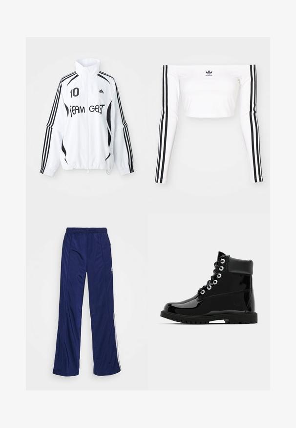 Veste blanche avec accents noirs, dotée d'un col haut, d'un zip à l'avant, du logo Adidas, d'un grand imprimé "10" et du texte "TEAM GEIST". три строчки.; Haut court blanc à manches longues et décolleté épaule en tissu extensible. Il présente des accents noirs à trois bandes sur les manches et un petit logo noir sur la poitrine.; Pantalons de sport navy avec une taille élastique, jambes droites et zippers sur les côtés. Présente des passepoils blancs le long des côtés. Texture de tissu lisse.; Bottes noires brillantes à la cheville avec une finition en cuir verni lisse, bout rond, laçage à six œillets et semelle en caoutchouc robuste.