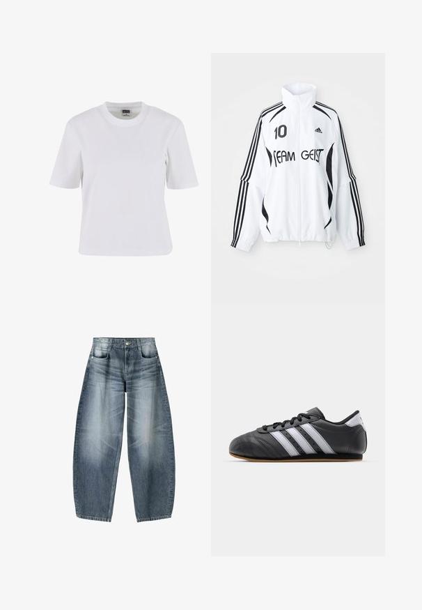 Veste blanche avec accents noirs, dotée d'un col haut, d'un zip à l'avant, du logo Adidas, d'un grand imprimé "10" et du texte "TEAM GEIST". три строчки.; T-shirt blanc à manches courtes en coton, avec un col rond, une coupe décontractée et une texture lisse avec des détails de couture minimaux.; Jean en denim bleu délavé à coupe ample avec cinq poches et fermeture par bouton, montrant des plis naturels et des détails usés.; Baskets de sport en cuir noir avec des rayures blanches, bout rond, semelle plate et fermeture à lacets. Comprend des perforations pour la respirabilité.