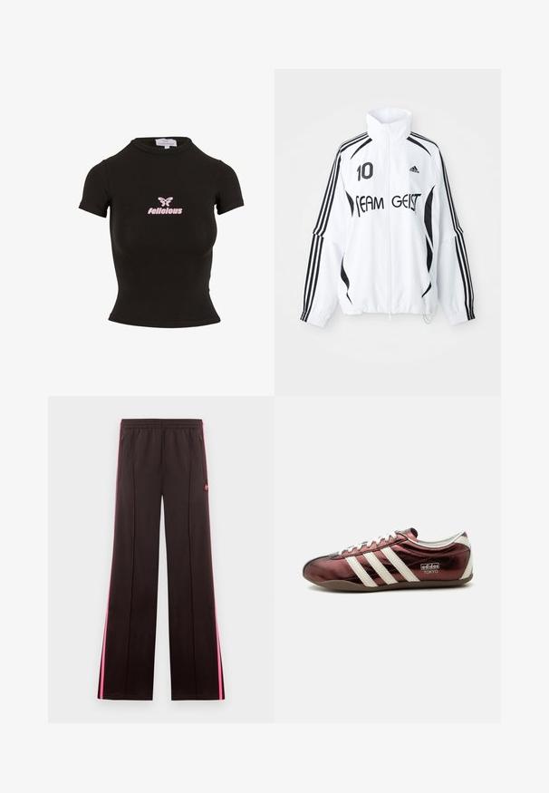 Veste blanche avec accents noirs, dotée d'un col haut, d'un zip à l'avant, du logo Adidas, d'un grand imprimé "10" et du texte "TEAM GEIST". три строчки.; Top court noir à manches courtes fabriqué dans un matériau extensible. Présente un logo "felicious" rose et un graphique de papillon sur le devant.; Pantalon de sport noir avec des bandes latérales roses, taille élastique, poches zippées et logo Adidas sur la cuisse gauche.; Baskets Adidas bordeaux métallisé profil bas avec des rayures blanches, des lacets et un marquage « Adidas Tokyo » sur le côté.