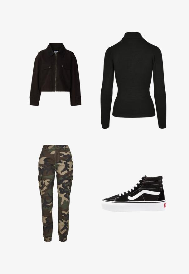 Kort sort jakke af bomuld med lynlåslukning foran, to brystlommer og krave i fløjl med knapmanchetter.; Sort turtleneck sweater lavet af blødt stof, med lange ærmer, ribbet hals og en tætsiddende design med minimal detaljer.; Kamuflage cargo bukser i nuancer af grøn, brun og sort; har elastiske manchetter, sidelommer og en sikker knaplukning.; Sorte høj-top sneakers med hvide snørebånd, et hvidt logo og kontrasterende hvid syning. Har en tyk hvid sål og struktureret ruskindsoverdel.