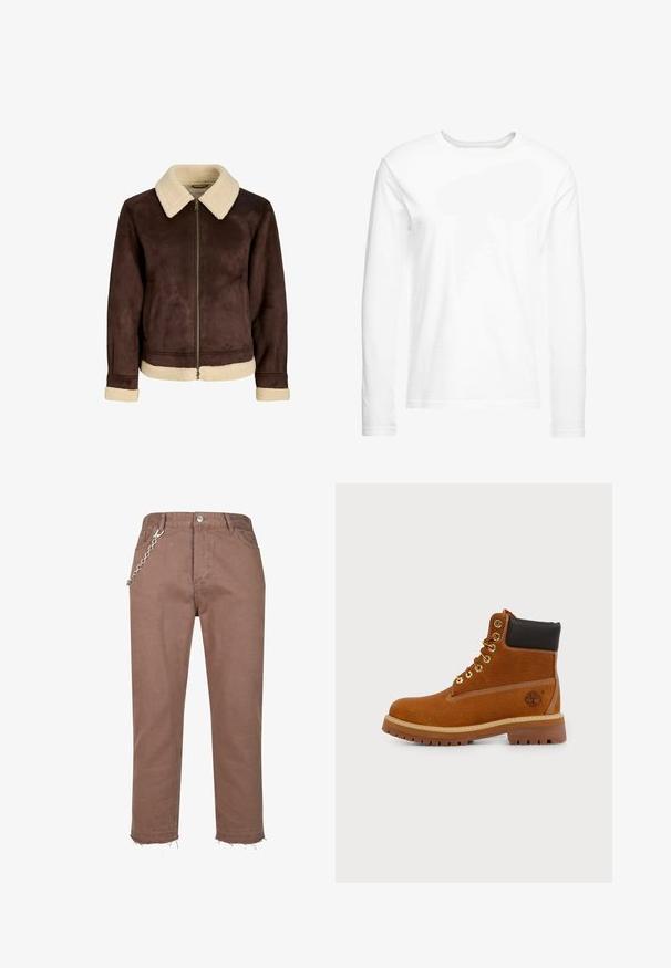 Veste en daim marron avec col en fourrure crème, fermeture éclair complète à l'avant et poignets bordés de fourrure. Texture douce avec un design décontracté.; T-shirt blanc à manches longues en coton doux. Encolure ronde avec des ourlets droits et sans motifs ni graphiques visibles.; Pantalons en denim marron avec une coupe droite, présentant des ourlets effilochés et un accent en chaîne argentée attaché à la taille.; Bottine en cuir marron avec col rembourré noir, œillets dorés, semelle épaisse à crampons et logo Timberland sur le côté du talon.